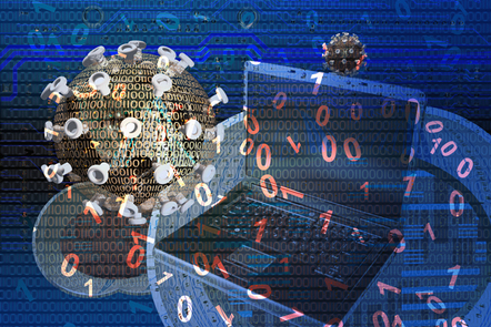 A laptop is covered by numbers and a virus, on a blue background